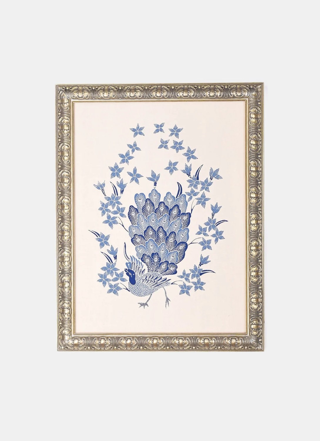 Blue & White Peacock with Scattered Flowers